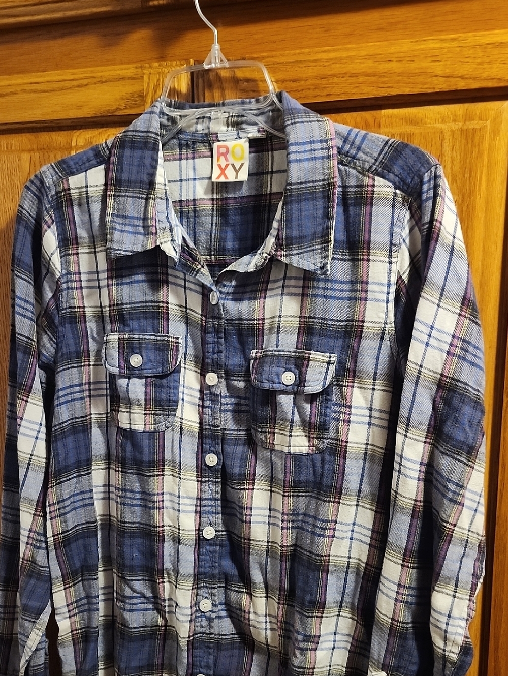 Roxy Women's Blue and White Plaid Button-Down Shirt